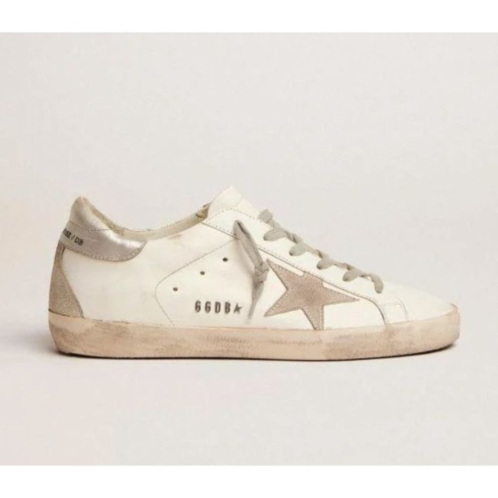 Golden Goose Super-Star Sneakers White Gray Gold Heel Tab and Metal Stud Letteri